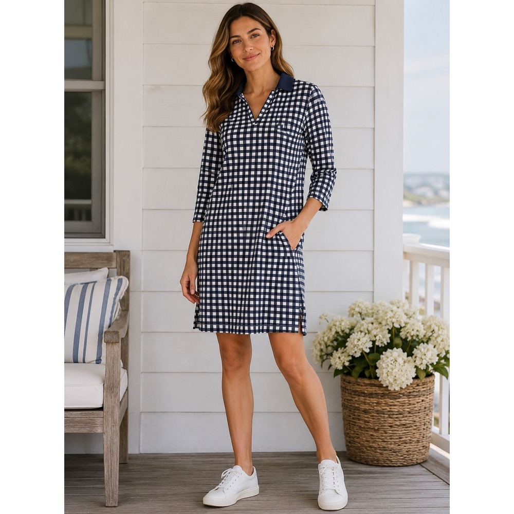 Draper James Lands End Navy Gingham Polo Dress 3/4 Sleeve Pockets Size M 10-12